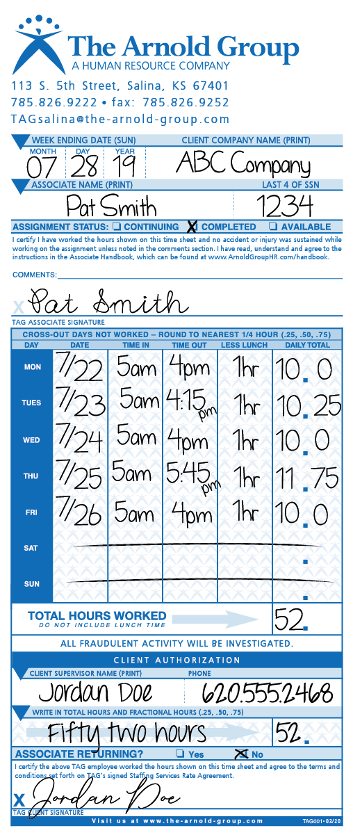 Timesheet filled out example 2